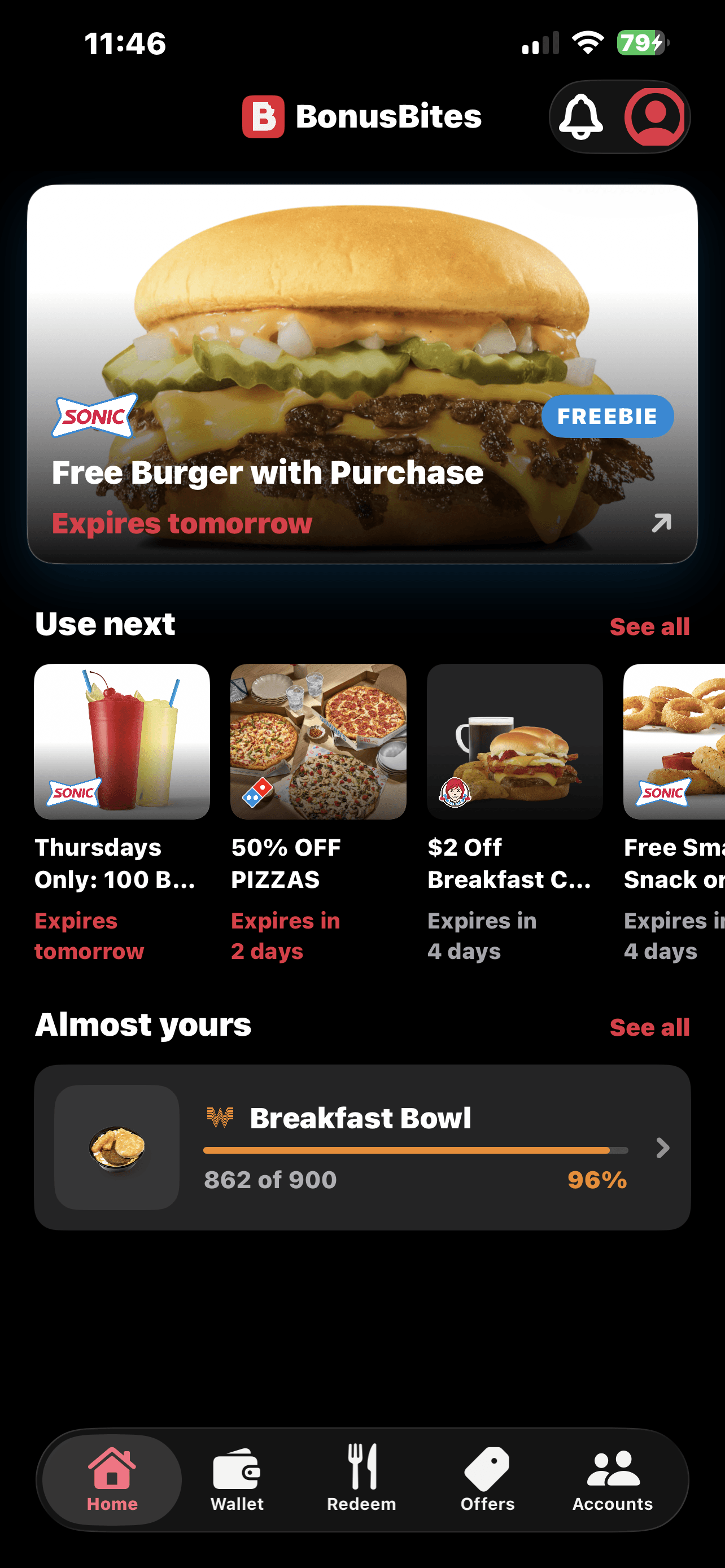 BonusBites Home showing an expiring freebie and the next redemption within reach