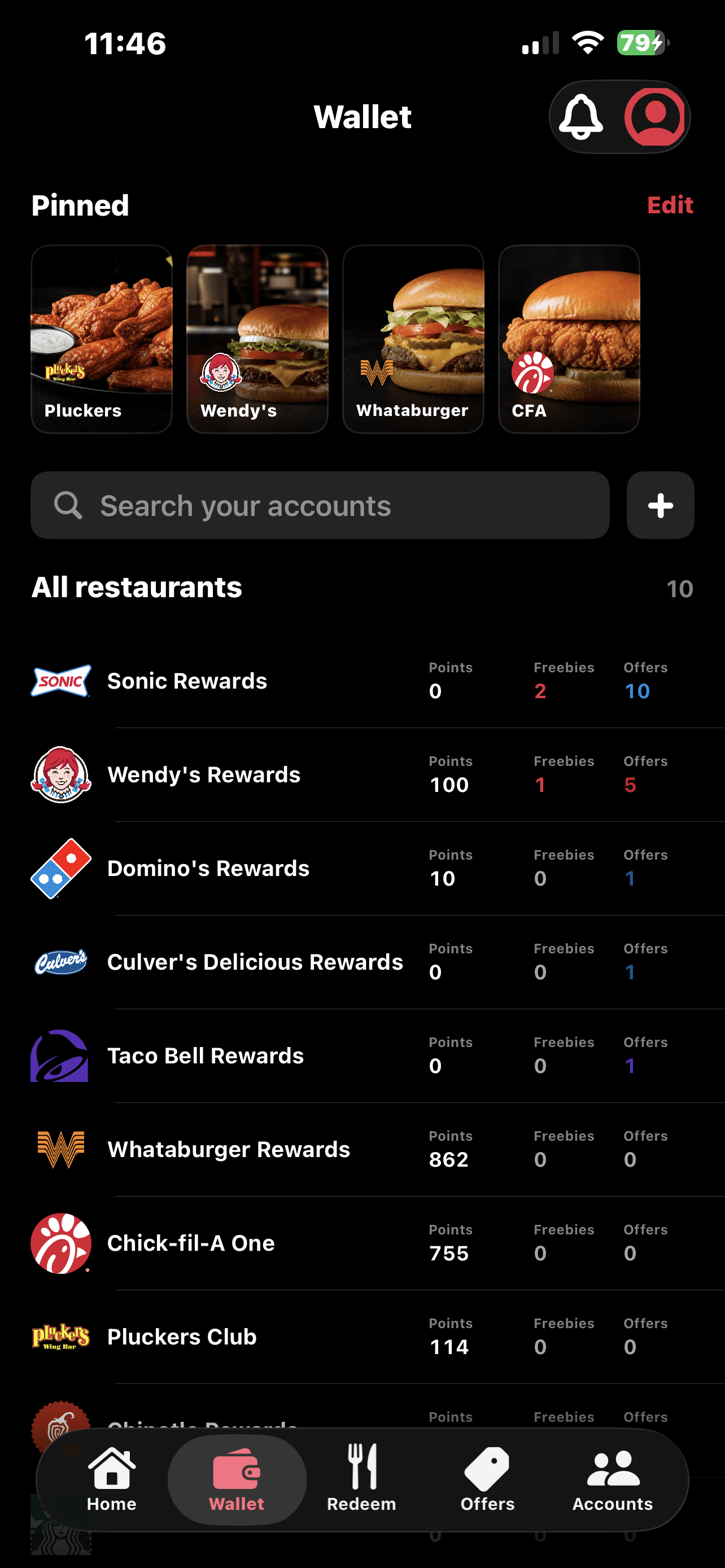 BonusBites Wallet with pinned restaurants and connected reward programs
